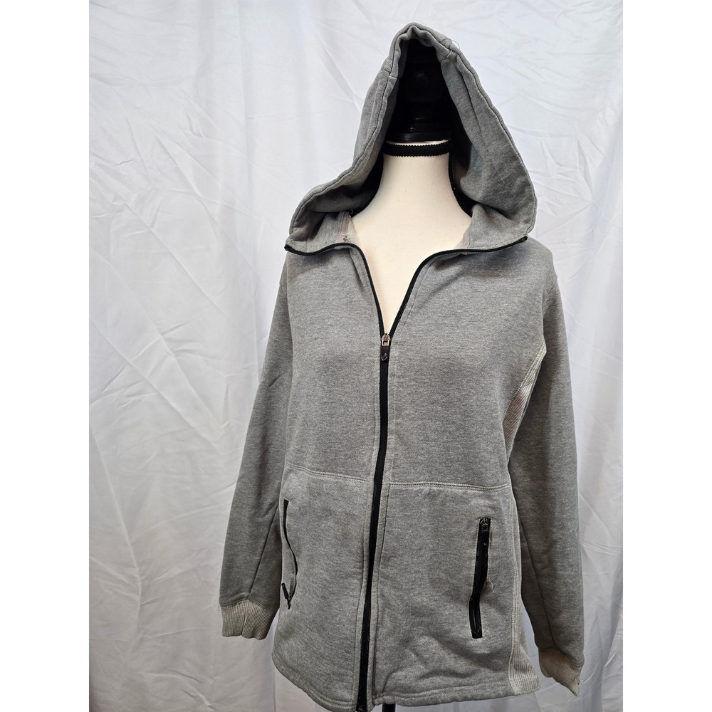 Athletic Gray Full Zip Hoodie Women Medium Ribbed Side Panels Active Jacket